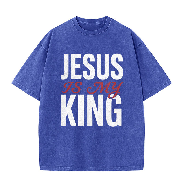 Christianartworkshop "Jesus Is My King" Casual Believer Washed Unisex T-Shirt - Blue - 5XL - image 1