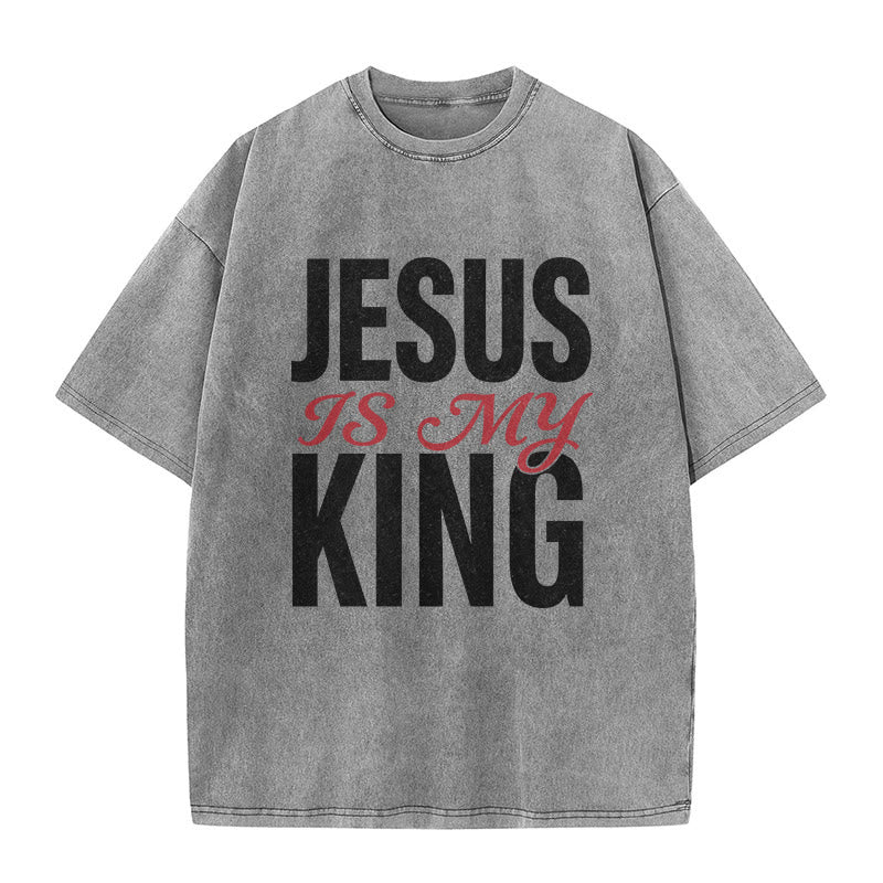Christianartworkshop "Jesus Is My King" Casual Believer Washed Unisex T-Shirt - Grey - 5XL - image 9