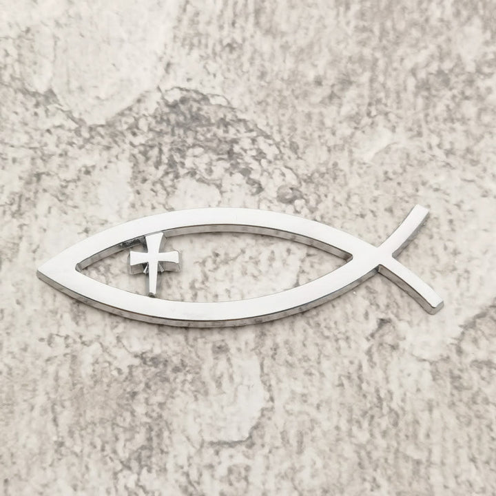 Christianartworkshop Ichthys Hollow Fish Frame Inset Cross Car Sticker: A Symbol of Steadfast Faith & Journey Protection - Silver - image 1