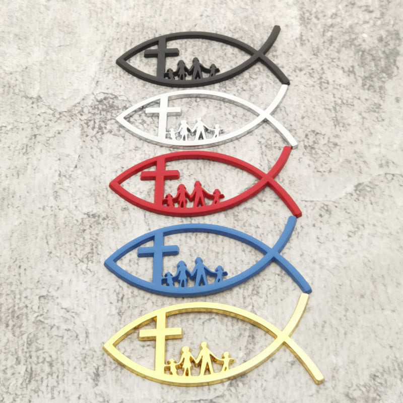 Christianartworkshop Ichthys Hollow Fish Car Sticker with Cross & Family Silhouette: A Symbol of Family Blessing & Divine Shelter - Set of 5 Colors - image 0