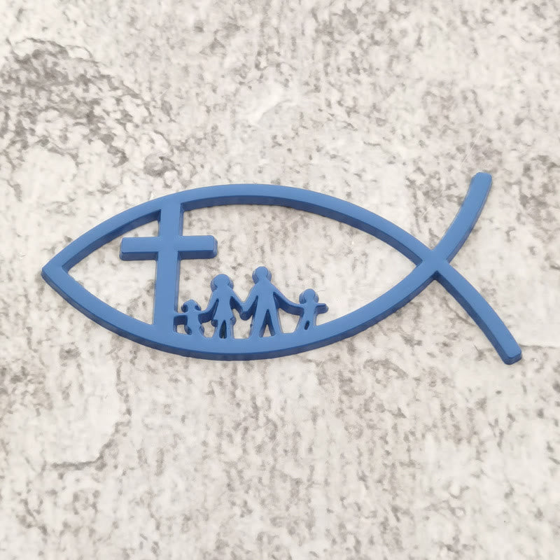Christianartworkshop Ichthys Hollow Fish Car Sticker with Cross & Family Silhouette: A Symbol of Family Blessing & Divine Shelter - Blue - image 5