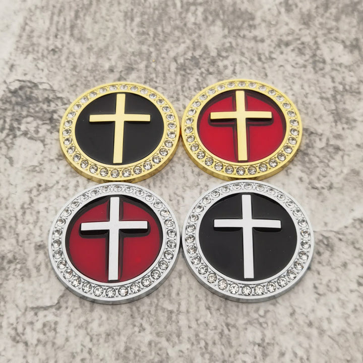Christianartworkshop Rhinestone Rim Circular Raised Cross Car Sticker: A Symbol of Divine Grace & All-Round Journey Protection - Set of 4 Colors - image 0