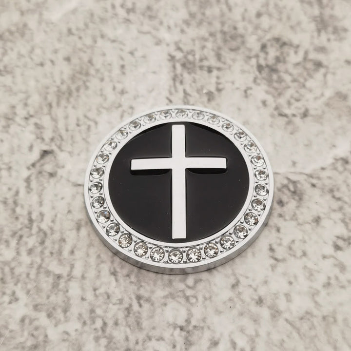 Christianartworkshop Rhinestone Rim Circular Raised Cross Car Sticker: A Symbol of Divine Grace & All-Round Journey Protection - Silver & Black - image 1