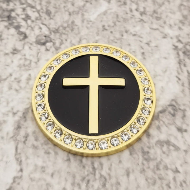 Christianartworkshop Rhinestone Rim Circular Raised Cross Car Sticker: A Symbol of Divine Grace & All-Round Journey Protection - Golden & Black - image 3