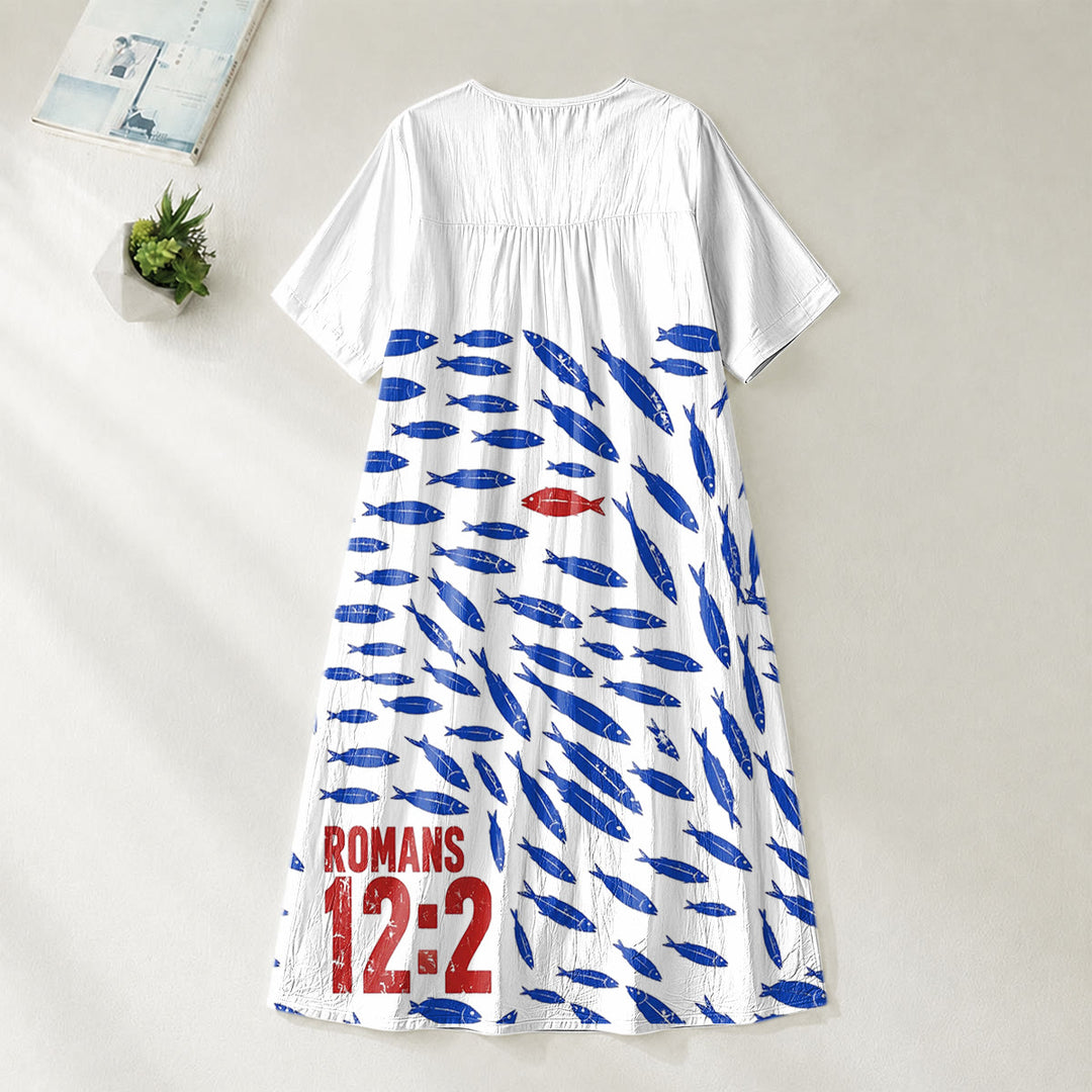 Christianartworkshop "Don't Conform Be Transformed" Romans 12:2 Fish Print V-Neck Short Sleeve Midi Dress - image 3