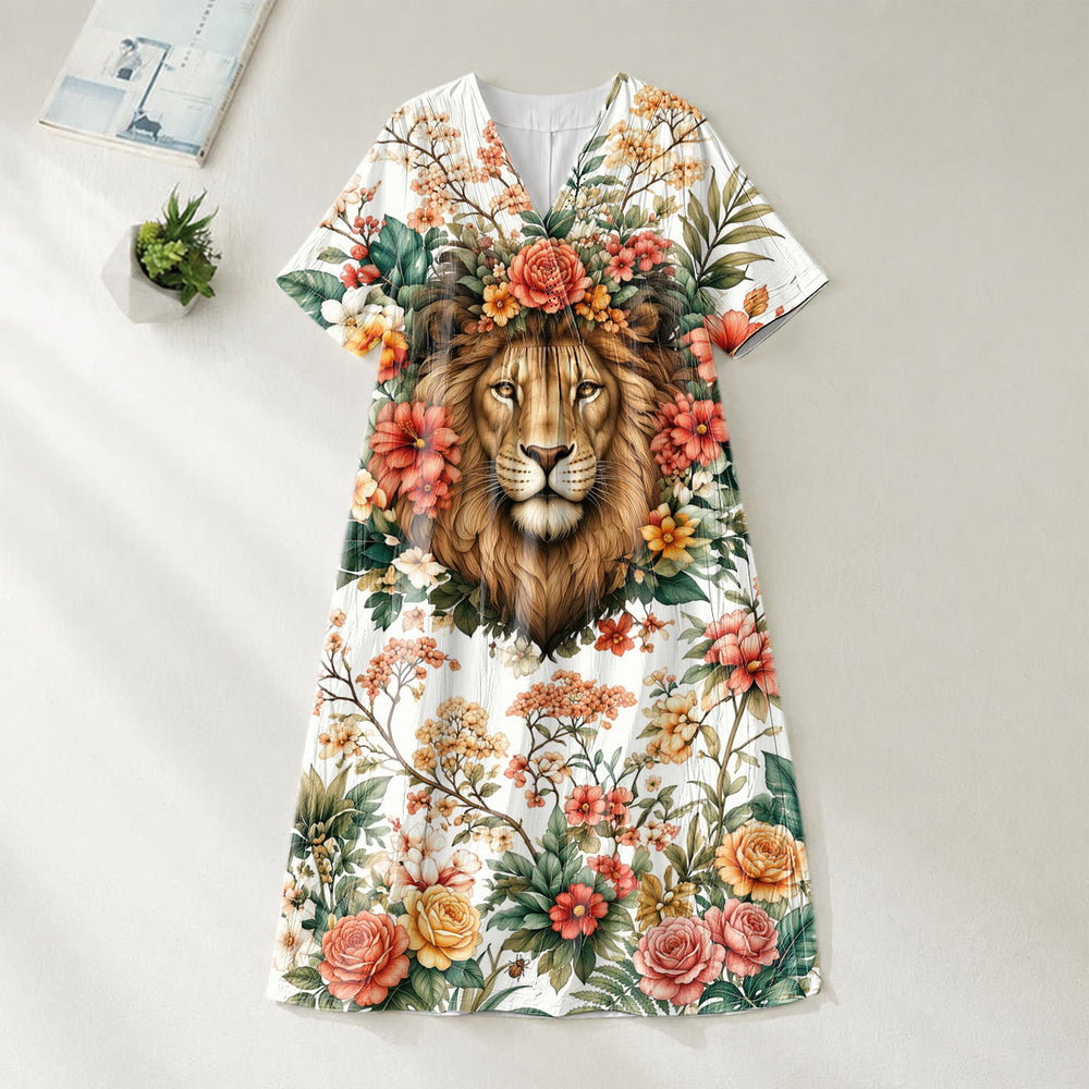 Christianartworkshop "Lion of Judah" Floral Wreath V-Neck Short Sleeve Midi Dress - image 1