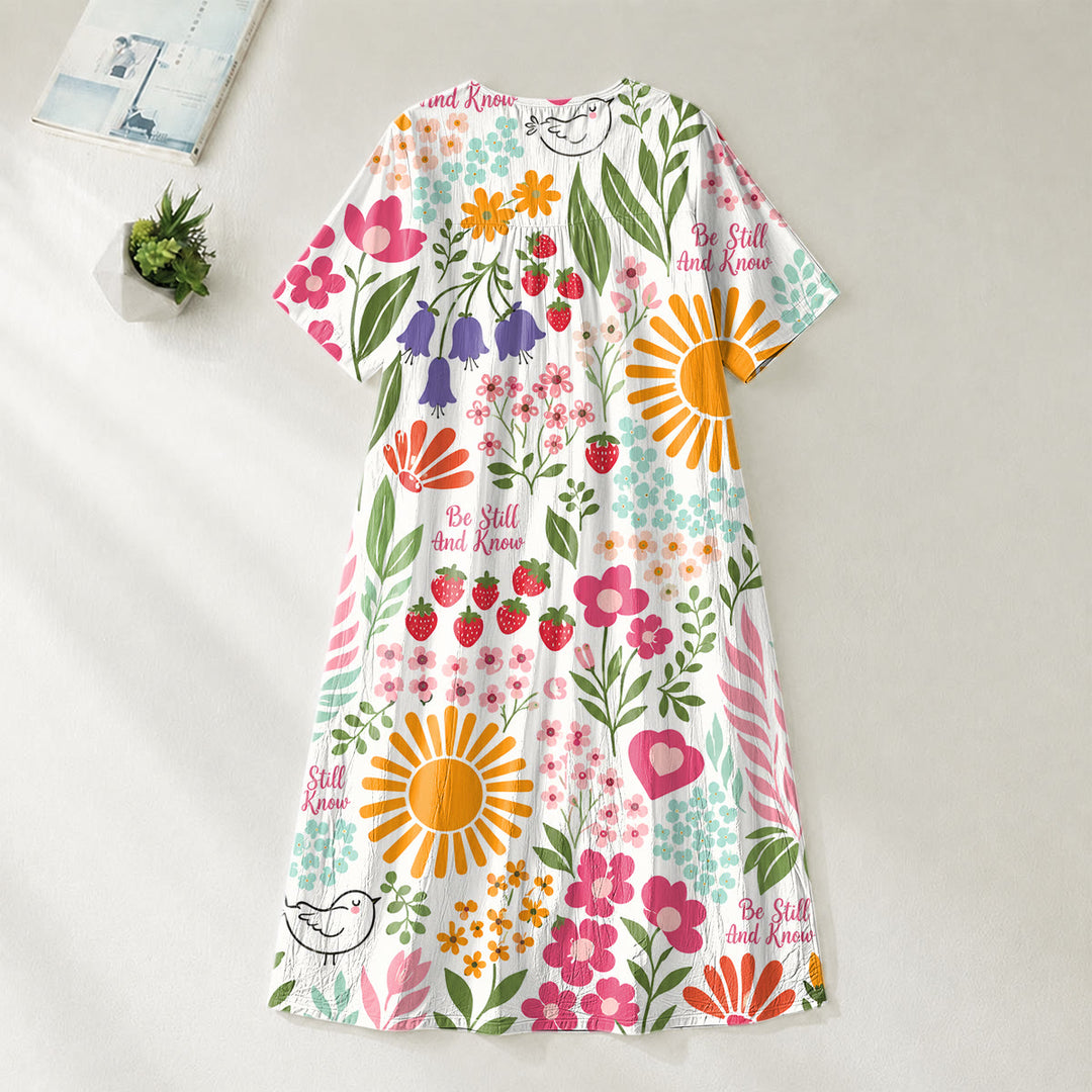 Christianartworkshop "Be Still And Know" Floral & Sun Print V-Neck Short Sleeve Midi Dress - image 3