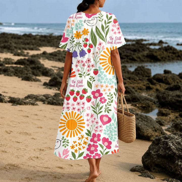 Christianartworkshop "Be Still And Know" Floral & Sun Print V-Neck Short Sleeve Midi Dress - image 2