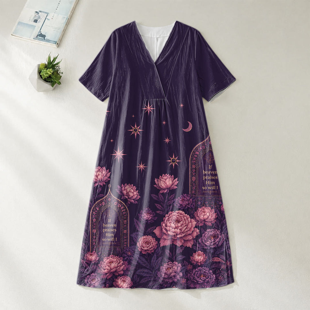 Christianartworkshop "If Heaven Praises Him" Peony Celestial V-Neck Short Sleeve Midi Dress - image 1