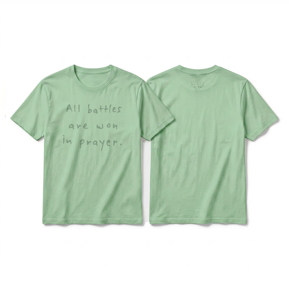 Christianartworkshop All Battles Are Won In Prayer Faith Affirmation Premium Short Sleeve T-Shirt - Light Green - 2XL - image 19
