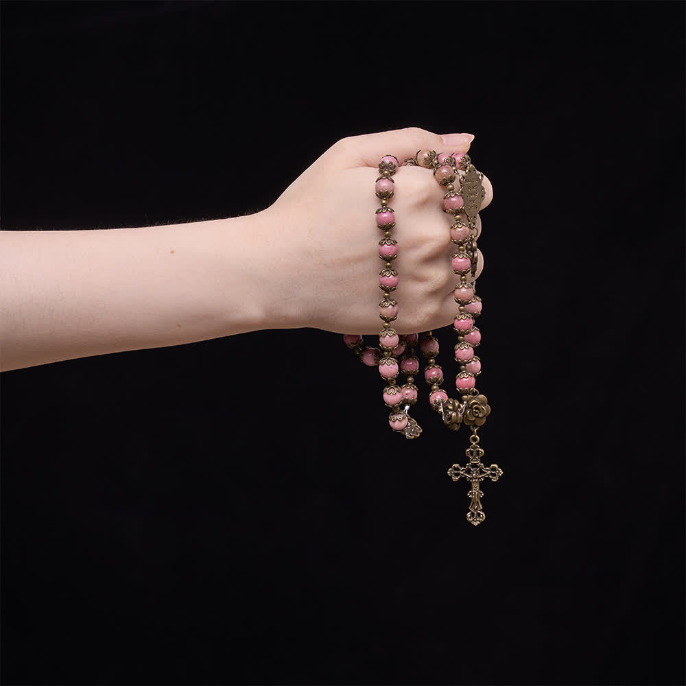 Christianartworkshop Natural Rhodochrosite Rosary with Antique Bronze Rose Floral Accents - image 1
