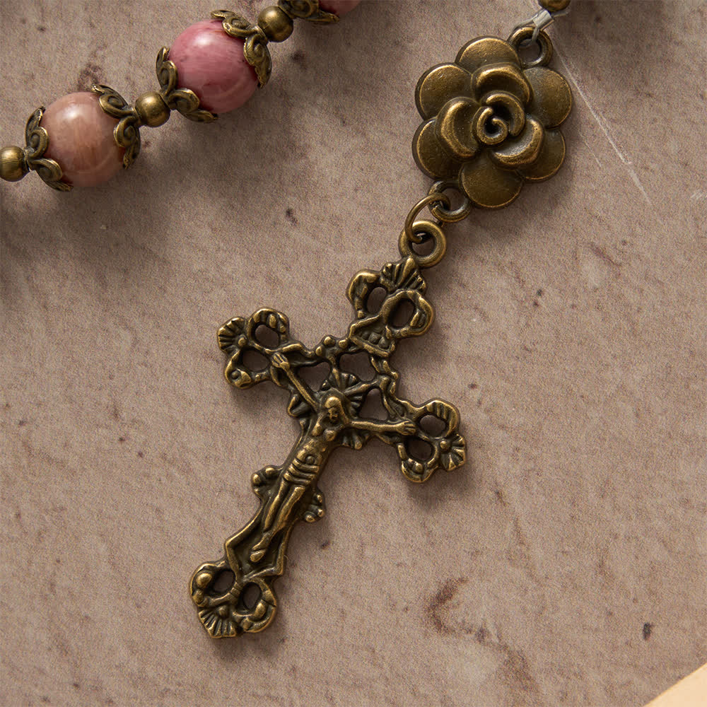 Christianartworkshop Natural Rhodochrosite Rosary with Antique Bronze Rose Floral Accents - image 7