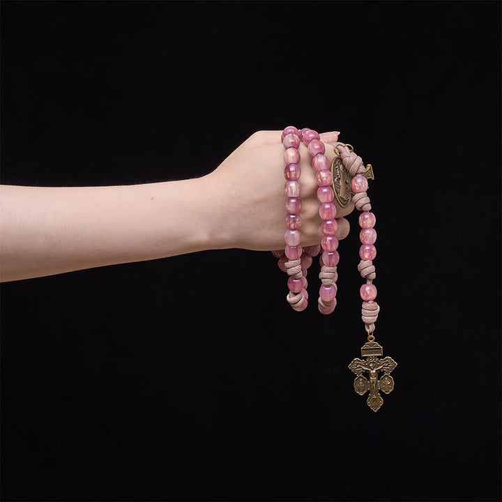 Christianartworkshop Blush Pink Paracord Rosary with Antique Bronze St. Benedict - image 1