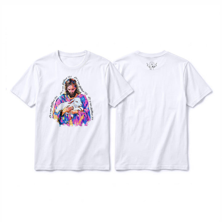Christianartworkshop "He is Risen Matthew 28:6" Jesus and the Lamb Premium Short Sleeve T-Shirt - White - 2XL - image 13