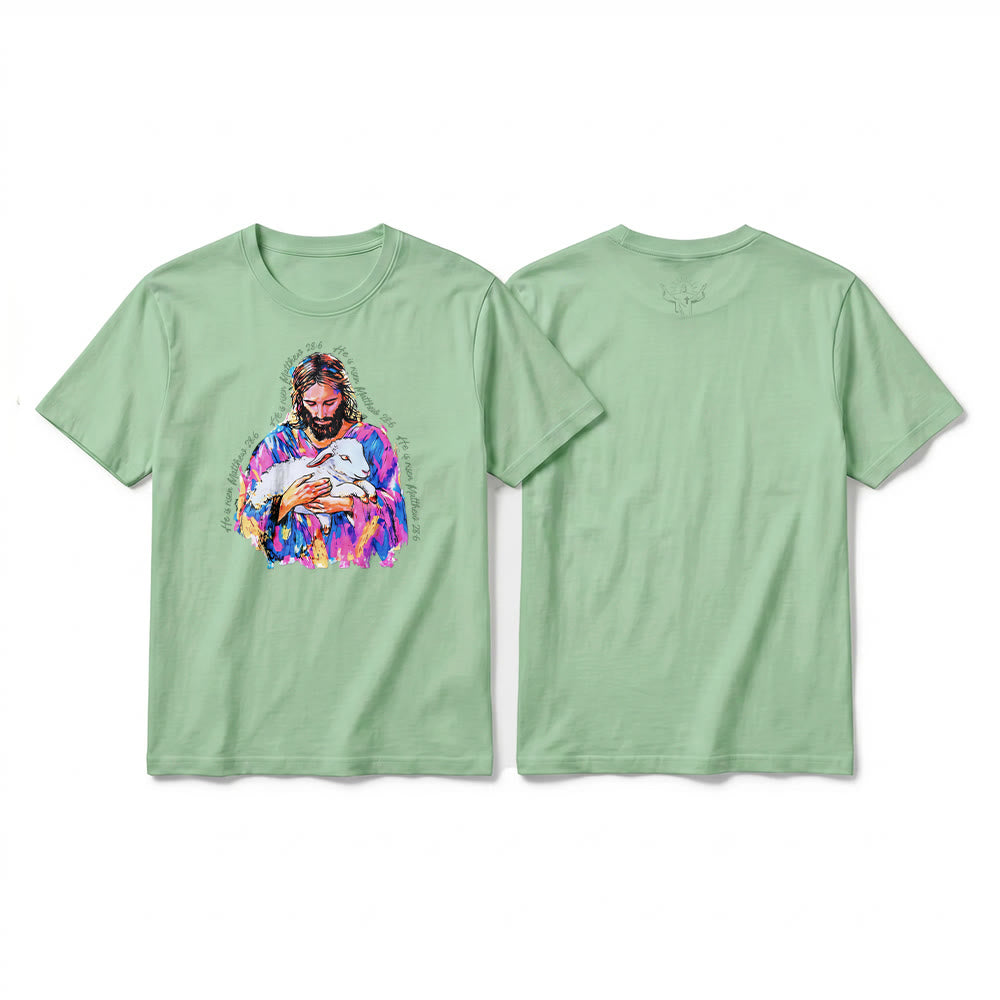 Christianartworkshop "He is Risen Matthew 28:6" Jesus and the Lamb Premium Short Sleeve T-Shirt - Light Green - 2XL - image 22