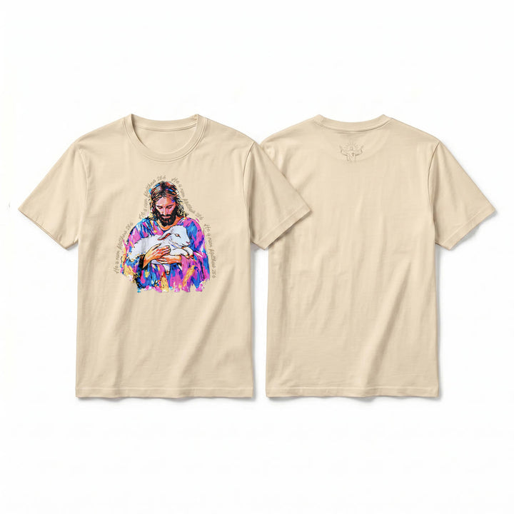 Christianartworkshop "He is Risen Matthew 28:6" Jesus and the Lamb Premium Short Sleeve T-Shirt - Beige - 2XL - image 1
