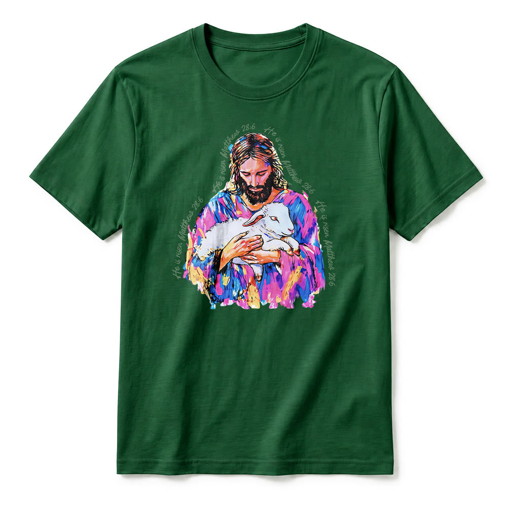 Christianartworkshop "He is Risen Matthew 28:6" Jesus and the Lamb Premium Short Sleeve T-Shirt - image 5