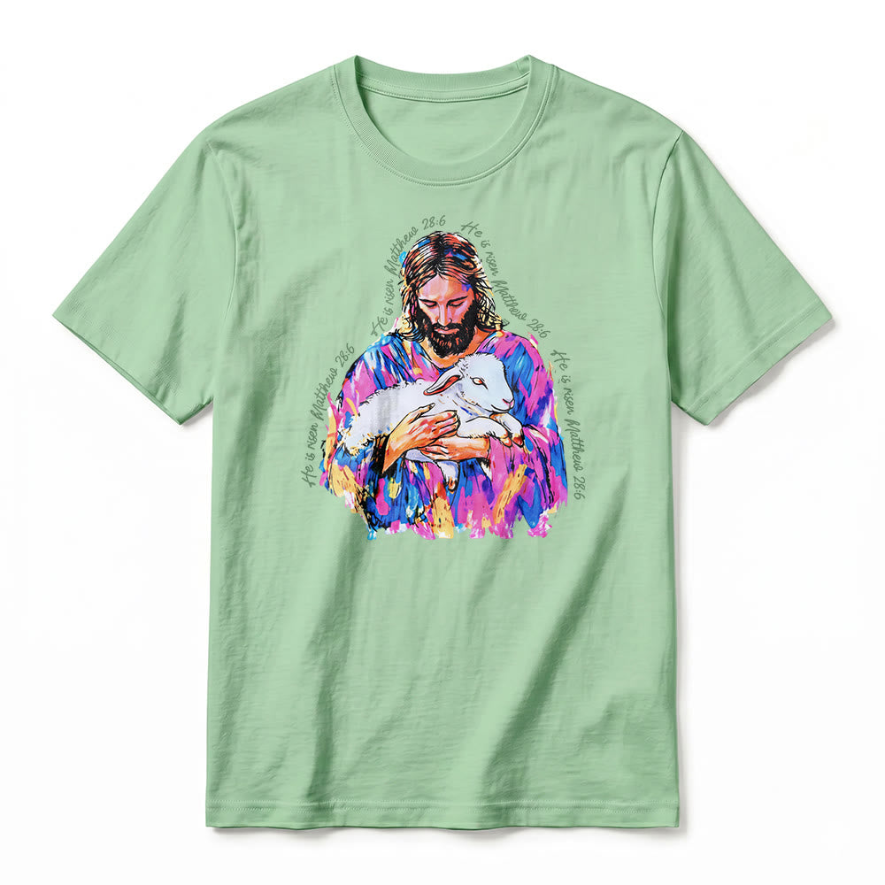 Christianartworkshop "He is Risen Matthew 28:6" Jesus and the Lamb Premium Short Sleeve T-Shirt - image 23