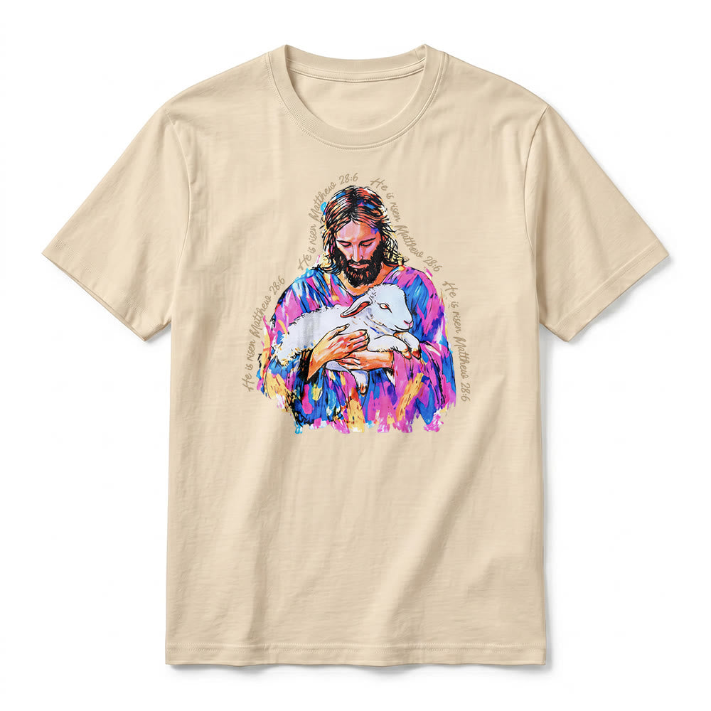 Christianartworkshop "He is Risen Matthew 28:6" Jesus and the Lamb Premium Short Sleeve T-Shirt - image 2
