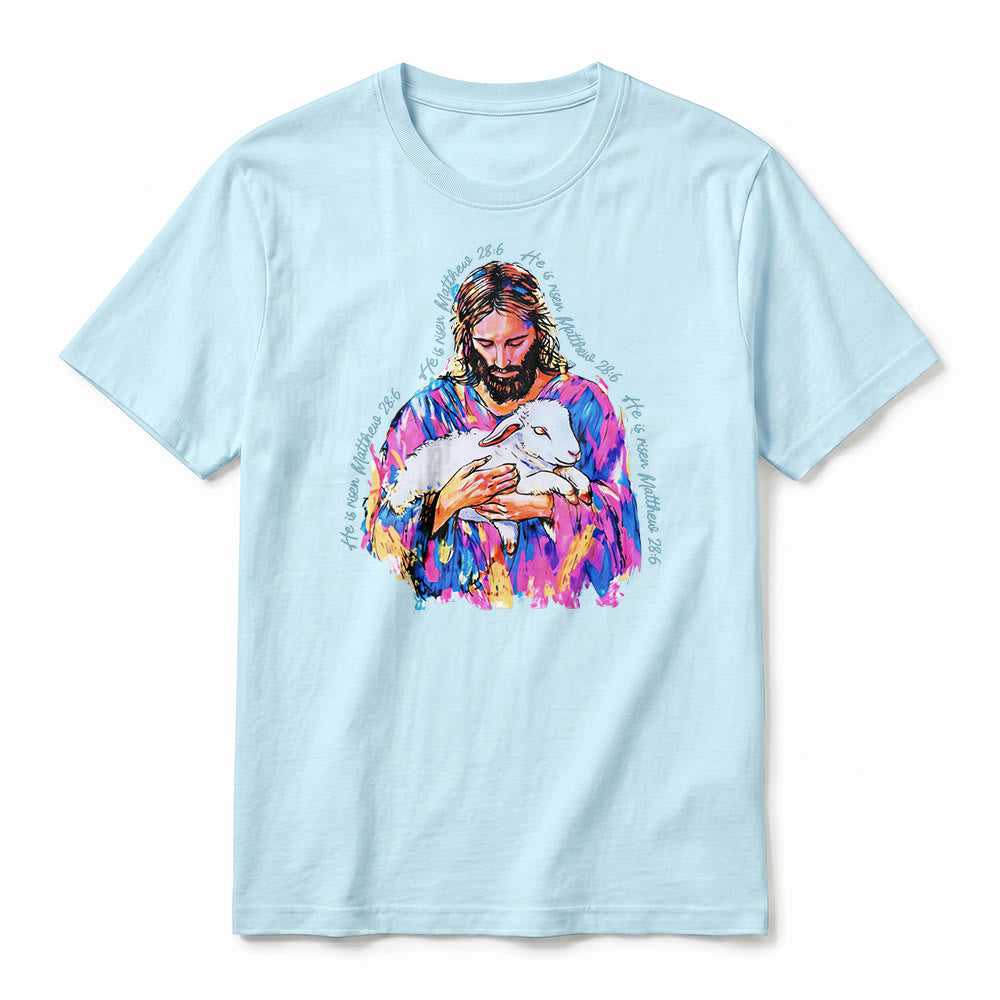 Christianartworkshop "He is Risen Matthew 28:6" Jesus and the Lamb Premium Short Sleeve T-Shirt - image 20