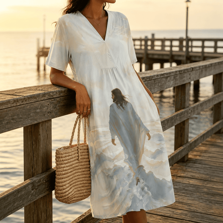 Christianartworkshop Faithful "Jesus Walks On Water" Scenic V-Neck Short Sleeve Midi Dress - image 0
