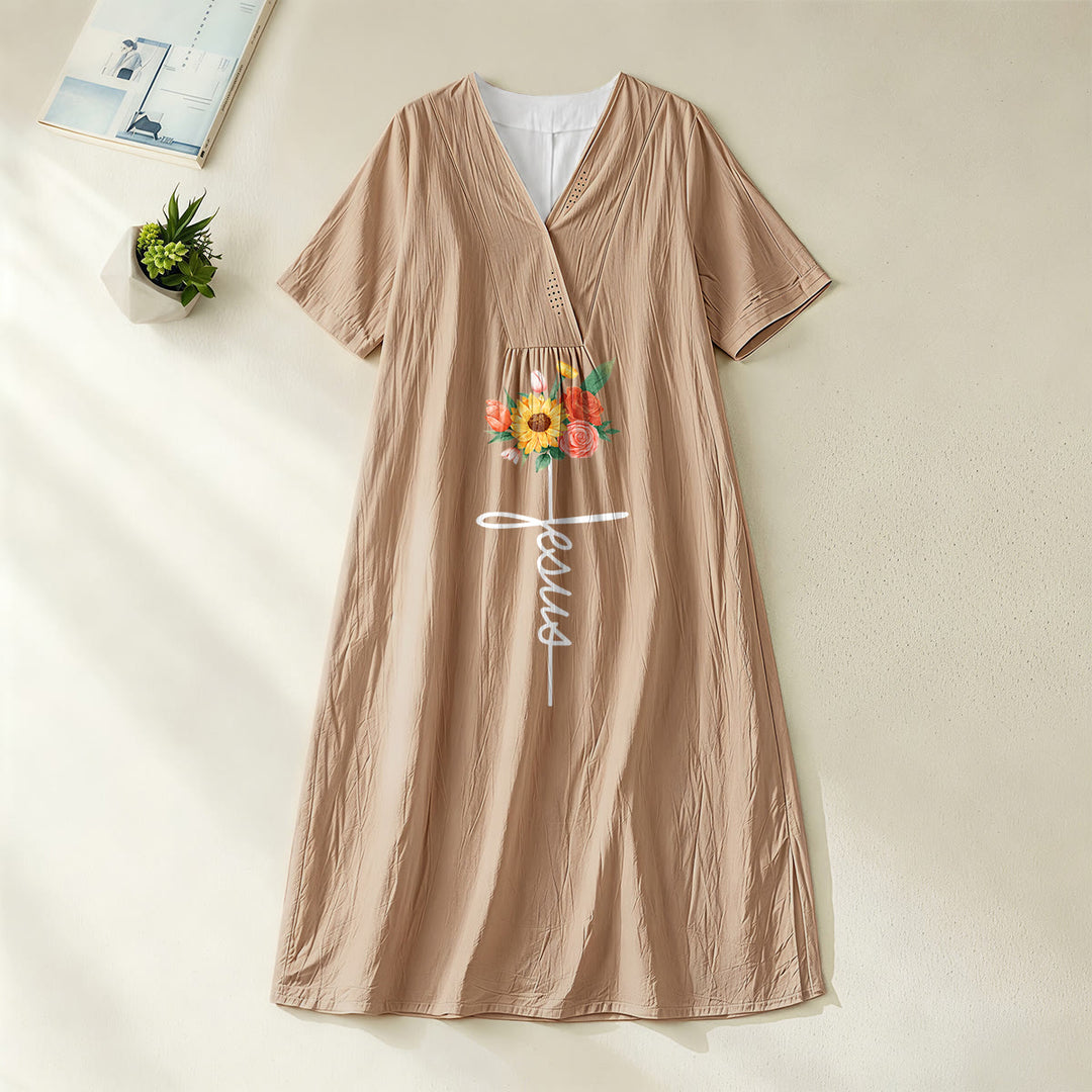 Christianartworkshop Jesus Script Cross & Sunflower Floral V-Neck Short Sleeve Midi Dress - Khaki - 4XL - image 6