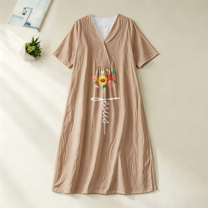 Christianartworkshop Jesus Script Cross & Sunflower Floral V-Neck Short Sleeve Midi Dress - Khaki - 4XL - image 6