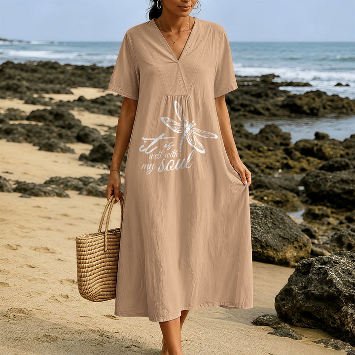 Christianartworkshop Summer Beach Faith Verse Dragonfly V-Neck Short Sleeve Midi Dress - image 7