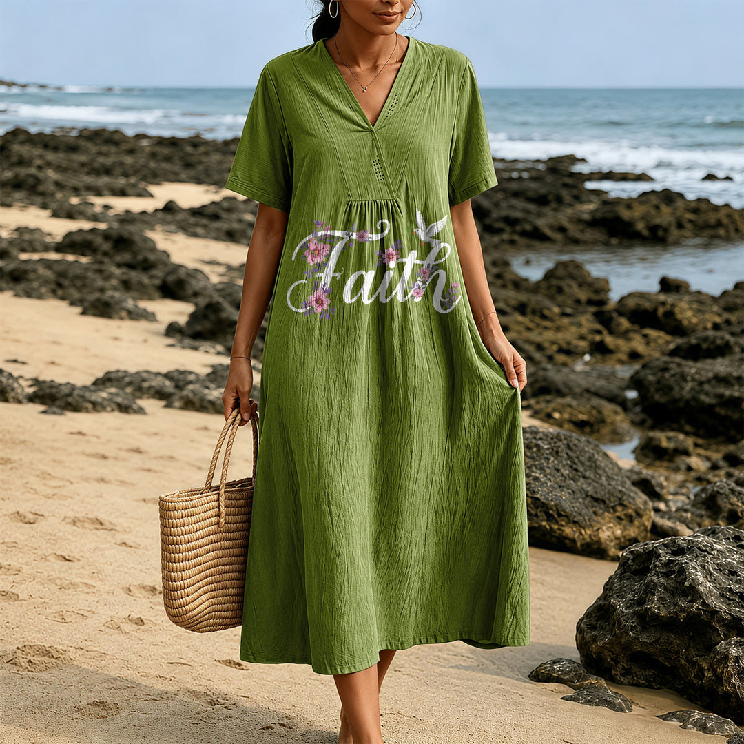 Christianartworkshop Faith Script White Dove & Blossom Print V-Neck Beach Midi Dress - image 11