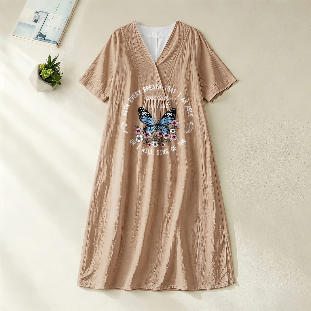 Christianartworkshop Bible Verse Butterfly & Floral Wreath V-Neck Short Sleeve Midi Dress - Khaki - 4XL - image 0