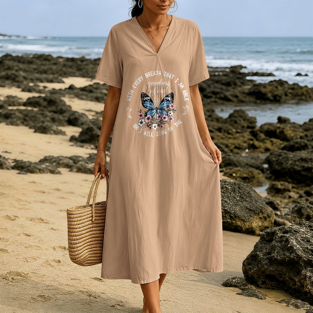 Christianartworkshop Bible Verse Butterfly & Floral Wreath V-Neck Short Sleeve Midi Dress - image 1