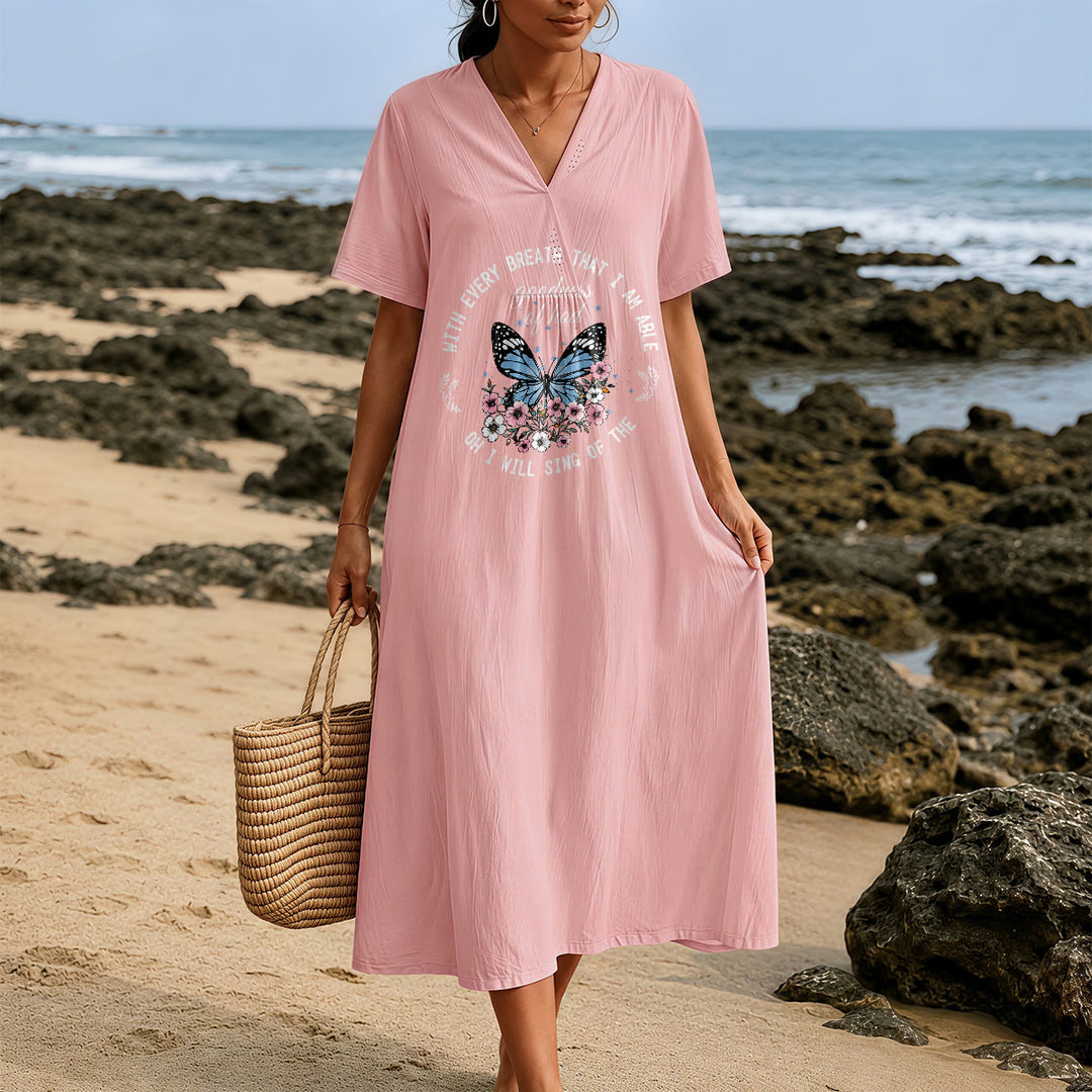 Christianartworkshop Bible Verse Butterfly & Floral Wreath V-Neck Short Sleeve Midi Dress - image 9