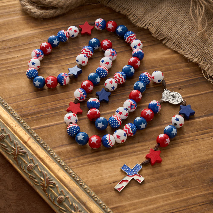 FREE Today: Patriotic American Flag Cross Rosary with Red White Blue Stars & Stripes Beads - St. Michael & USA Flag Cross - image 0