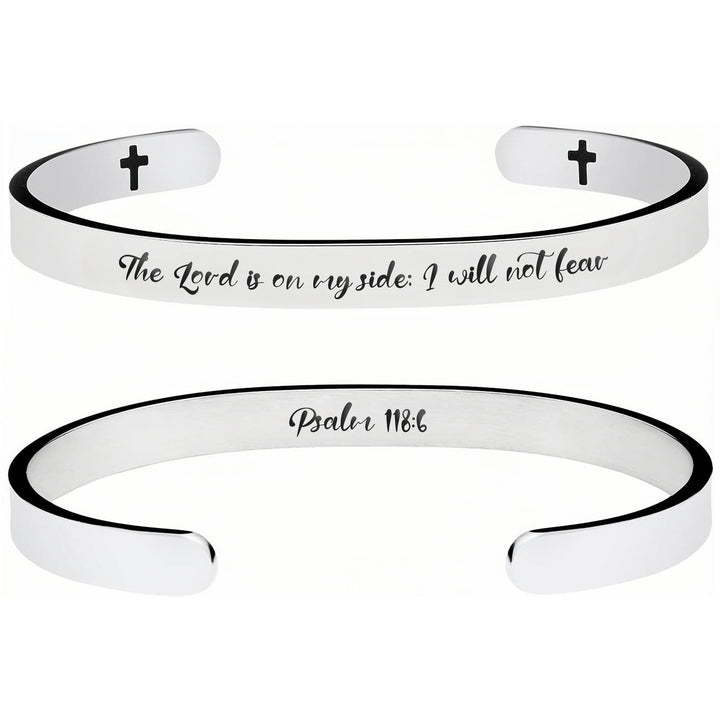 Christianartworkshop Open Cuff Stainless Steel Bible Verse Engraved Bracelet with Tiny Crosses: A Symbol of Firm Faith - Psalm 118:6 - image 4