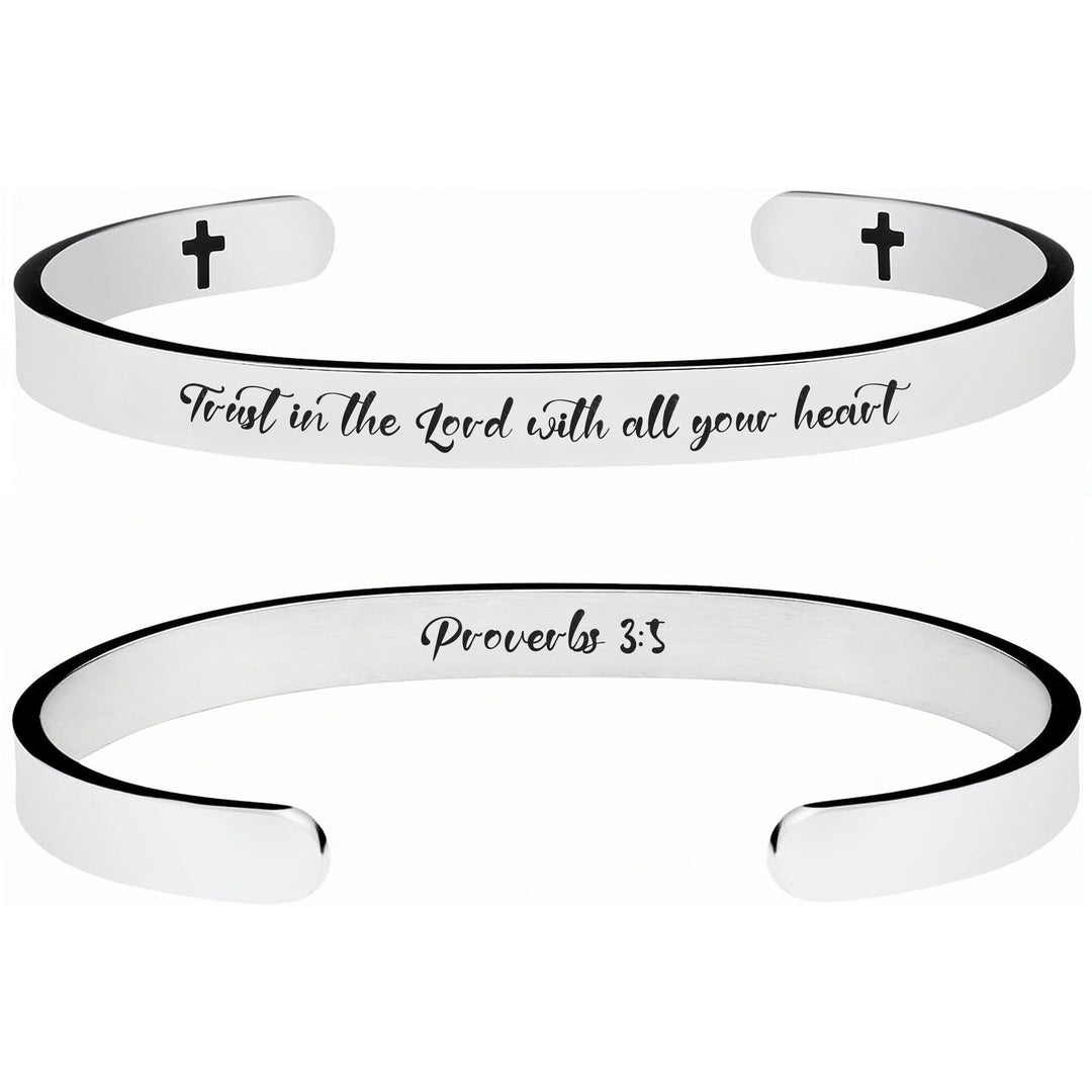 Christianartworkshop Open Cuff Stainless Steel Bible Verse Engraved Bracelet with Tiny Crosses: A Symbol of Firm Faith - Proverb 3:5 - image 6