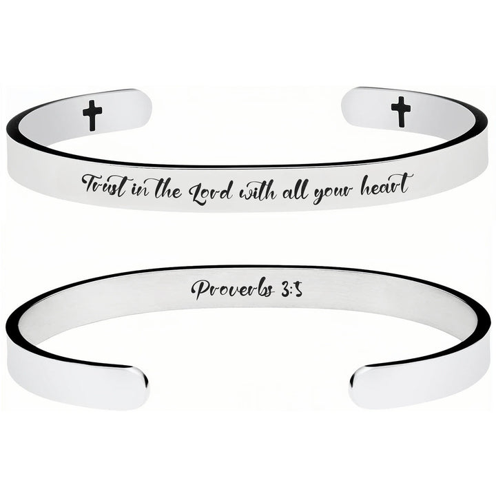 Christianartworkshop Open Cuff Stainless Steel Bible Verse Engraved Bracelet with Tiny Crosses: A Symbol of Firm Faith - Proverb 3:5 - image 6