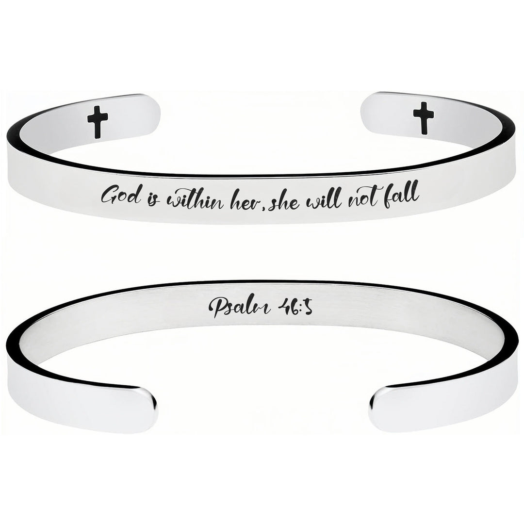 Christianartworkshop Open Cuff Stainless Steel Bible Verse Engraved Bracelet with Tiny Crosses: A Symbol of Firm Faith - image 3