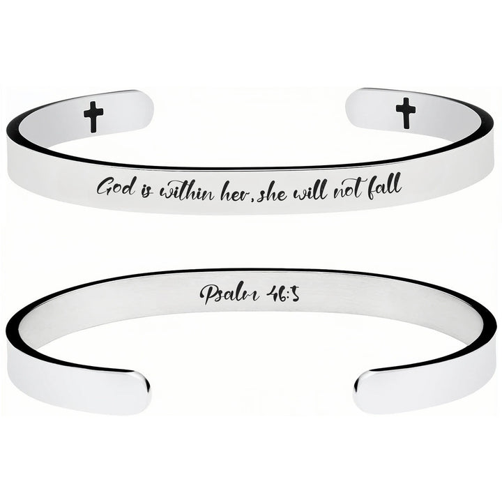 Christianartworkshop Open Cuff Stainless Steel Bible Verse Engraved Bracelet with Tiny Crosses: A Symbol of Firm Faith - image 3