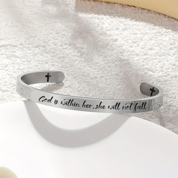 Christianartworkshop Open Cuff Stainless Steel Bible Verse Engraved Bracelet with Tiny Crosses: A Symbol of Firm Faith - Psalm 46:5 - image 0