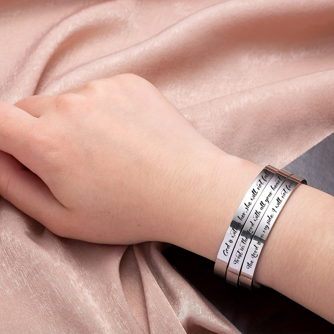 Christianartworkshop Open Cuff Stainless Steel Bible Verse Engraved Bracelet with Tiny Crosses: A Symbol of Firm Faith - image 2