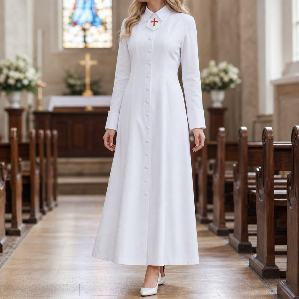 Christianartworkshop Women's Pastor Robe With Collar Cross Motif And Feminine Silhouette Women's Clergy Robe - image 0