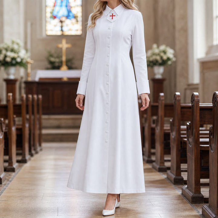 Christianartworkshop Women's Pastor Robe With Collar Cross Motif And Feminine Silhouette Women's Clergy Robe - image 0