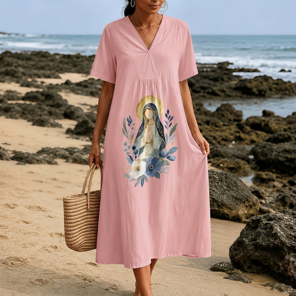 Christianartworkshop Gentle Our Lady Watercolor Floral Accent V-Neck Short Sleeve Midi Dress - image 1