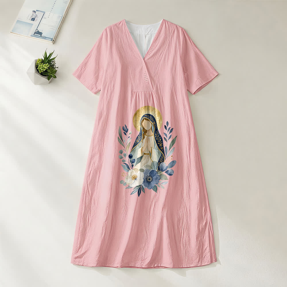 Christianartworkshop Gentle Our Lady Watercolor Floral Accent V-Neck Short Sleeve Midi Dress - Pink - 4XL - image 0