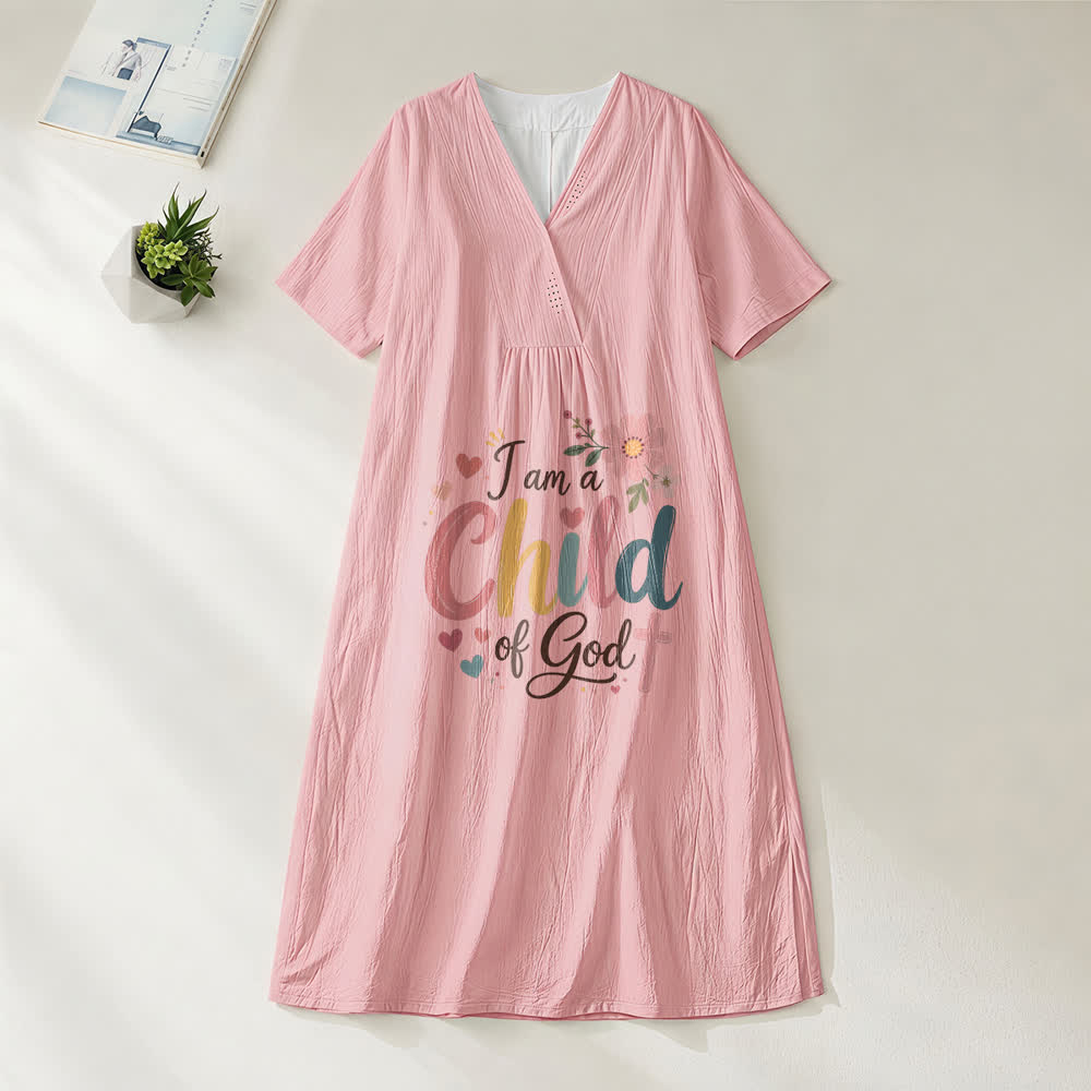 Christianartworkshop I Am a Child of God Floral & Heart V-Neck Short Sleeve Midi Dress - Pink - 4XL - image 3