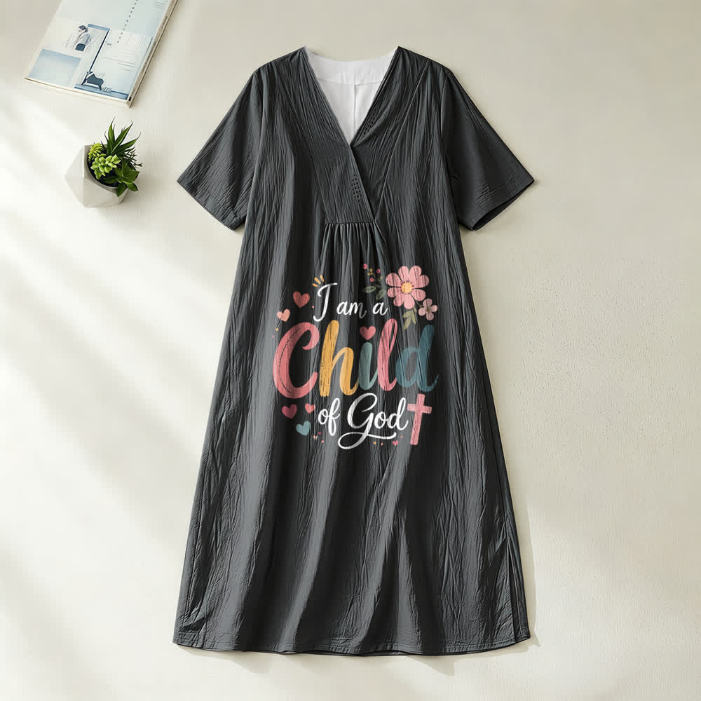 Christianartworkshop I Am a Child of God Floral & Heart V-Neck Short Sleeve Midi Dress - Black - 4XL - image 1