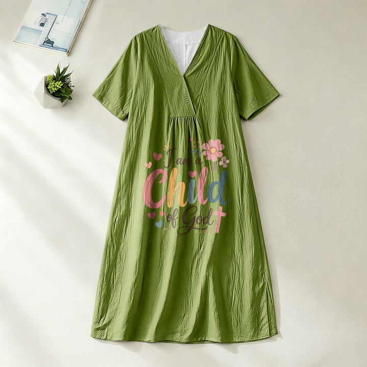 Christianartworkshop I Am a Child of God Floral & Heart V-Neck Short Sleeve Midi Dress - Olive Green - 4XL - image 11