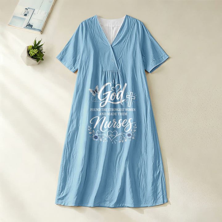 Christianartworkshop God Found the Strongest Women and Made Them Nurses Inspirational V-Neck Short Sleeve Midi Dress - Blue - 4XL - image 4