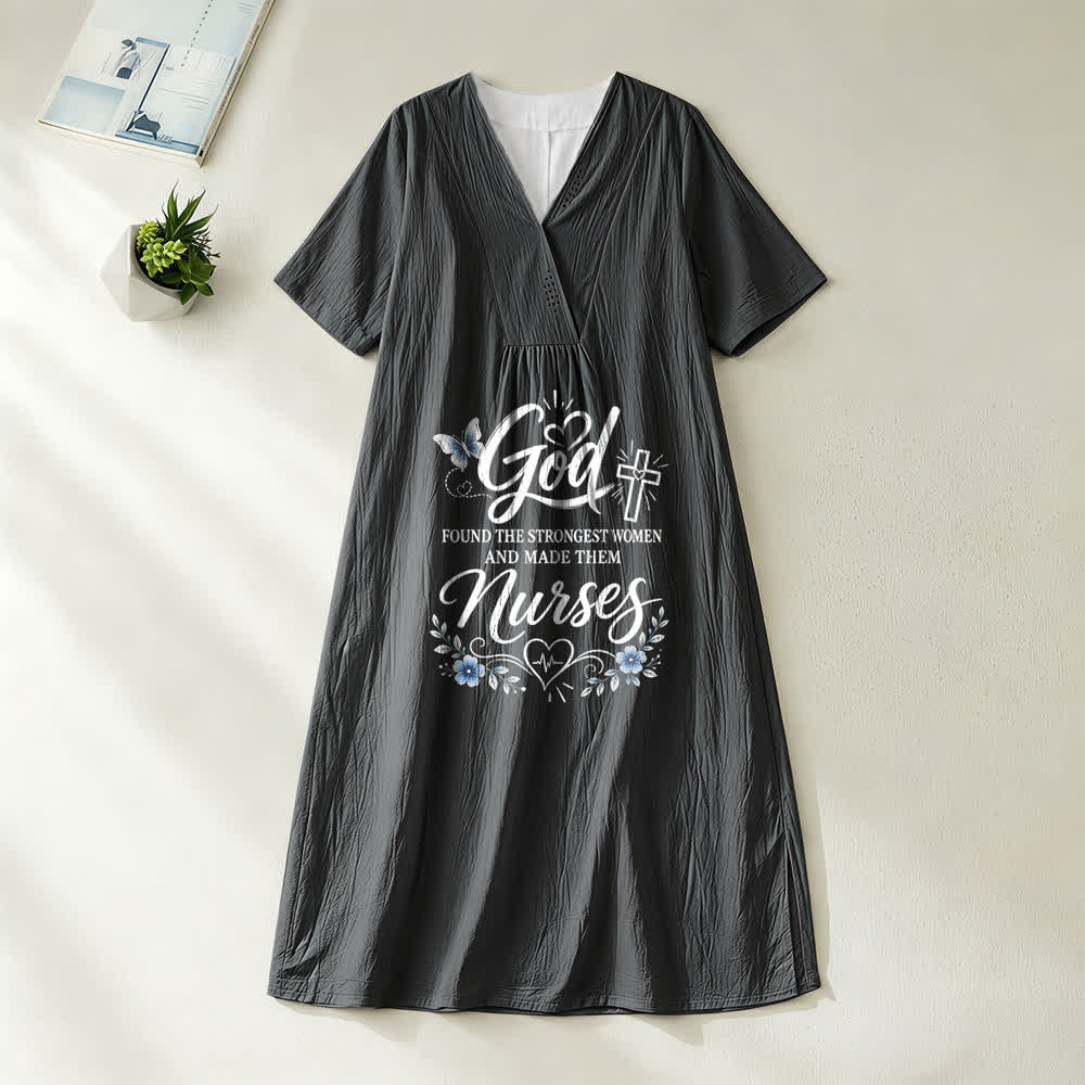 Christianartworkshop God Found the Strongest Women and Made Them Nurses Inspirational V-Neck Short Sleeve Midi Dress - Black - 4XL - image 0