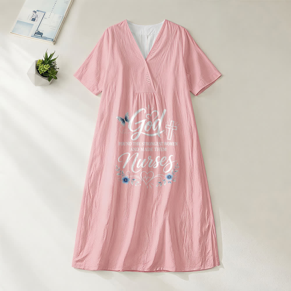 Christianartworkshop God Found the Strongest Women and Made Them Nurses Inspirational V-Neck Short Sleeve Midi Dress - Pink - 4XL - image 2